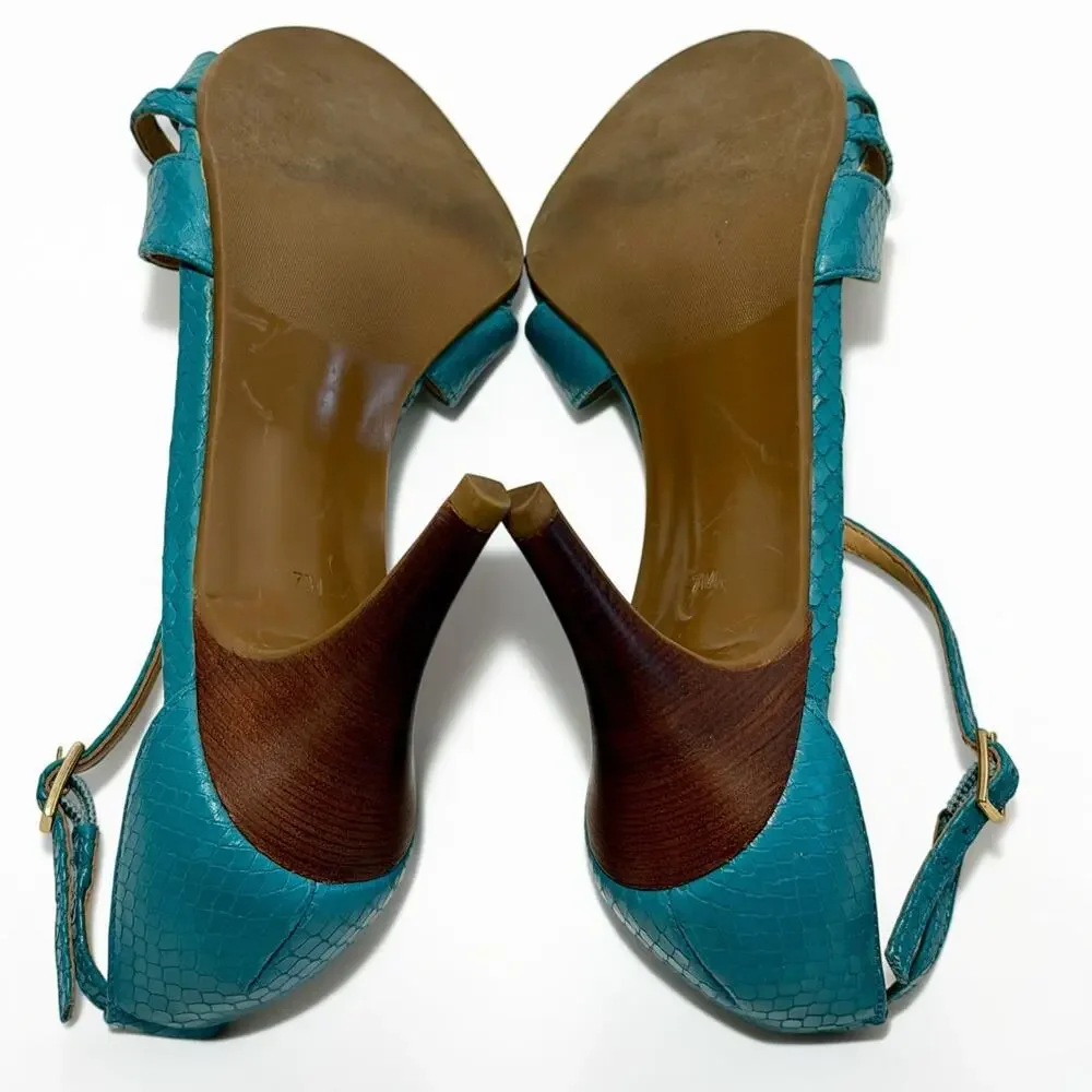 Talbots Lana Leather Sandals Sz 7M Peacock Teal Snakeskin Strappy 3